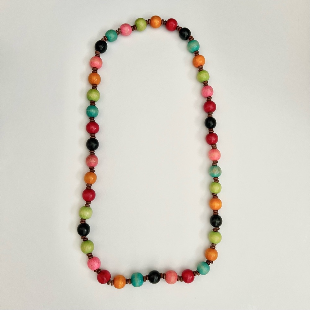 Vtg 1970s Colorful Wooden Bead Necklace